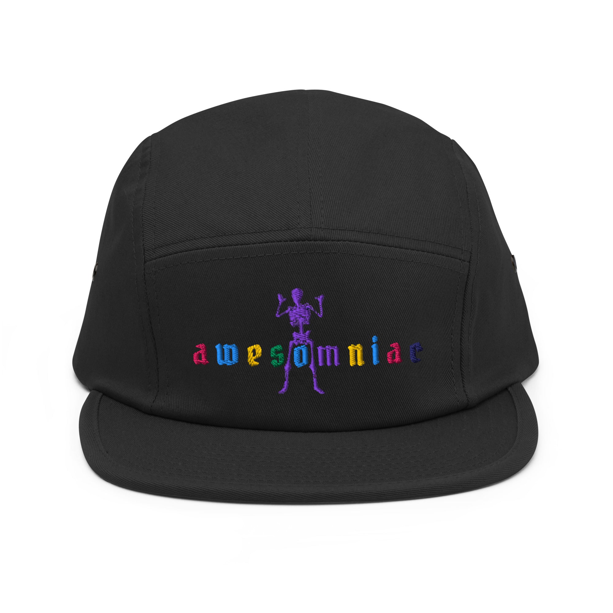 AWESOMNIAC five panel cap by Robin Gnarly — black, front