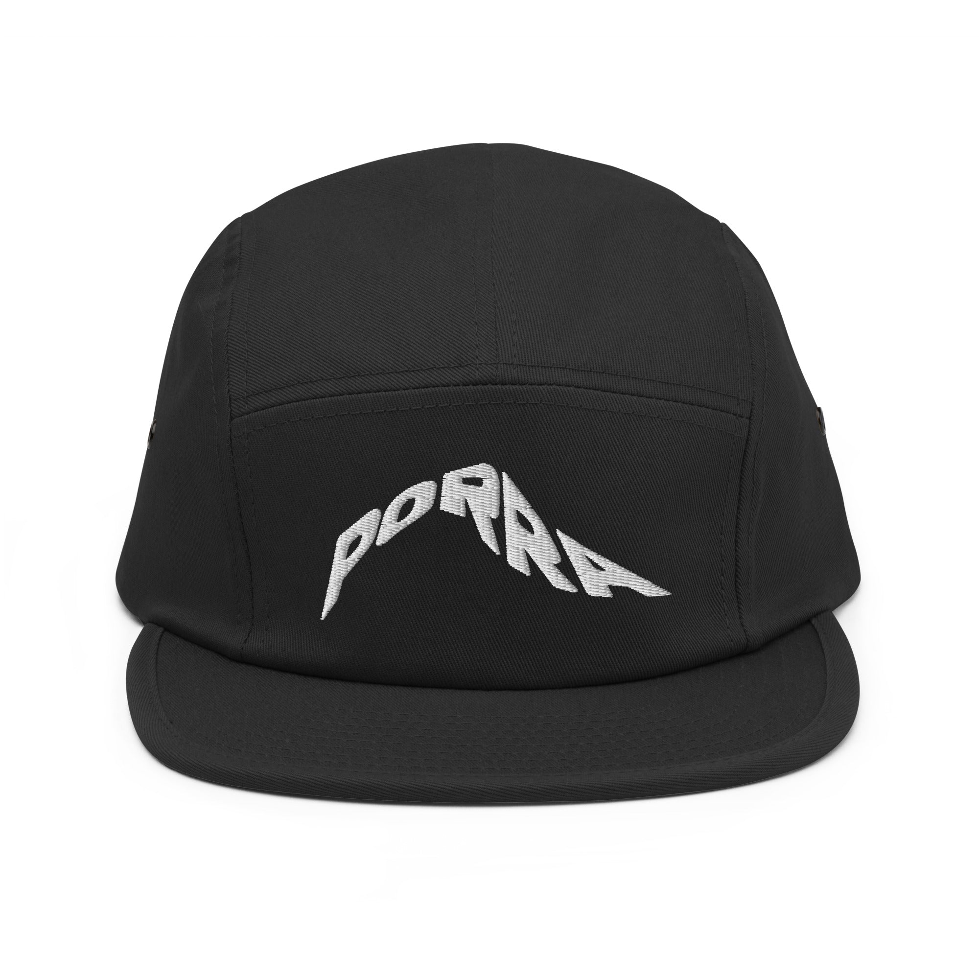 Porra Papi five panel cap by Robin Gnarly — black, front