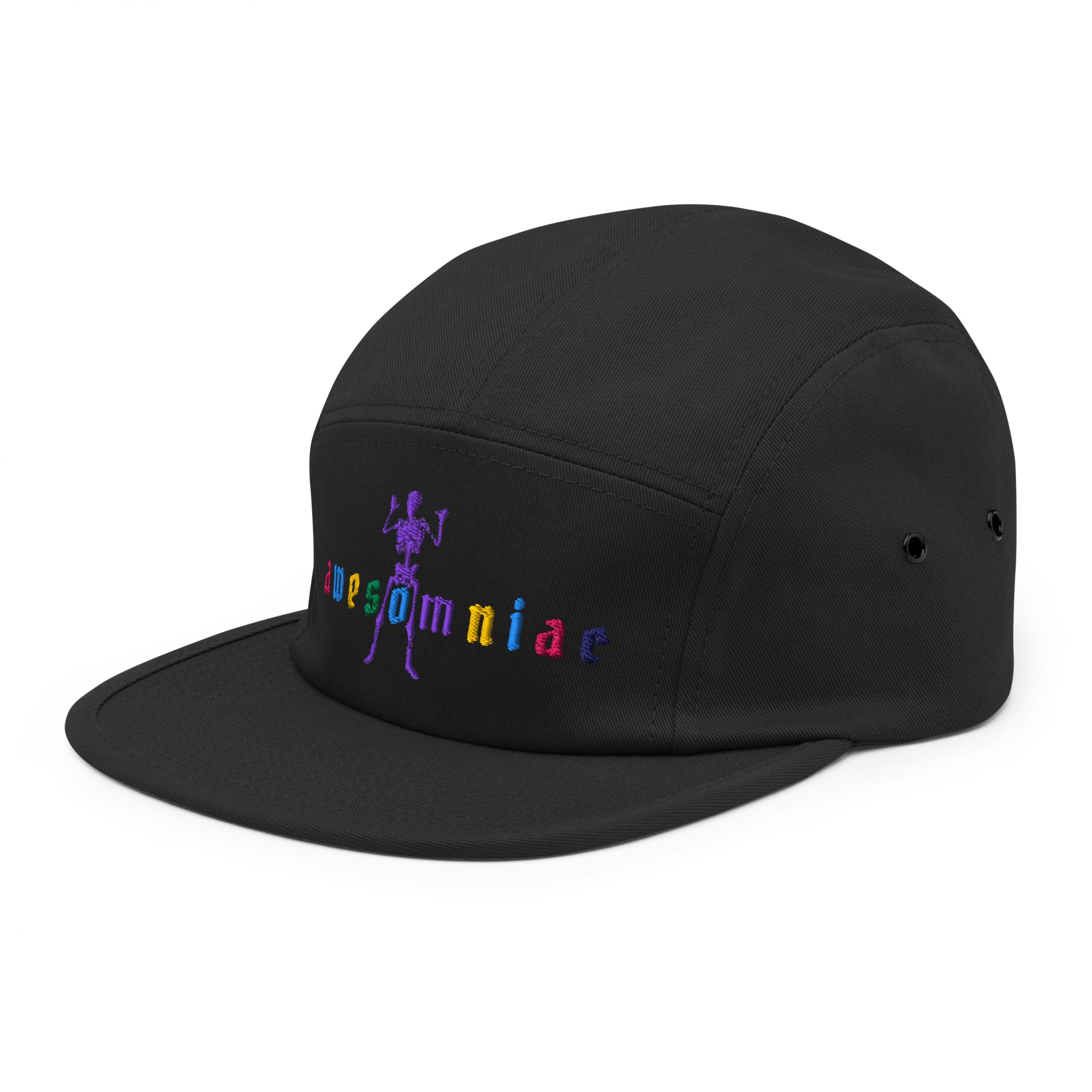AWESOMNIAC five panel cap by Robin Gnarly — black, left side