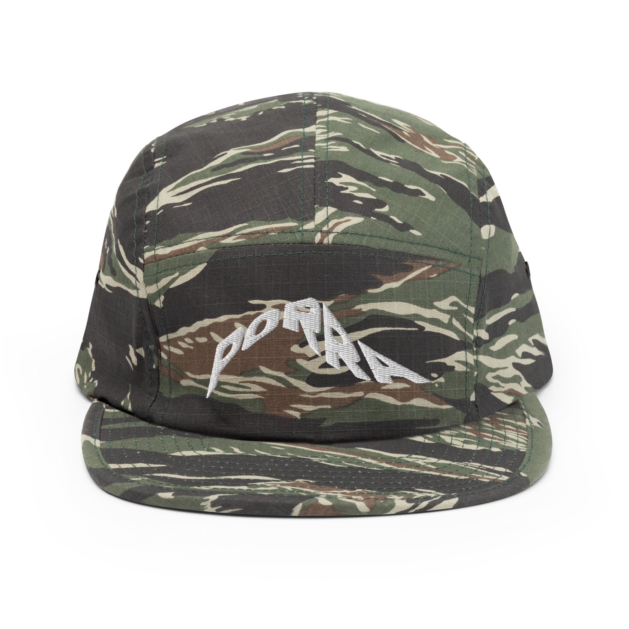 Porra Papi five panel cap by Robin Gnarly — green tiger camo, front
