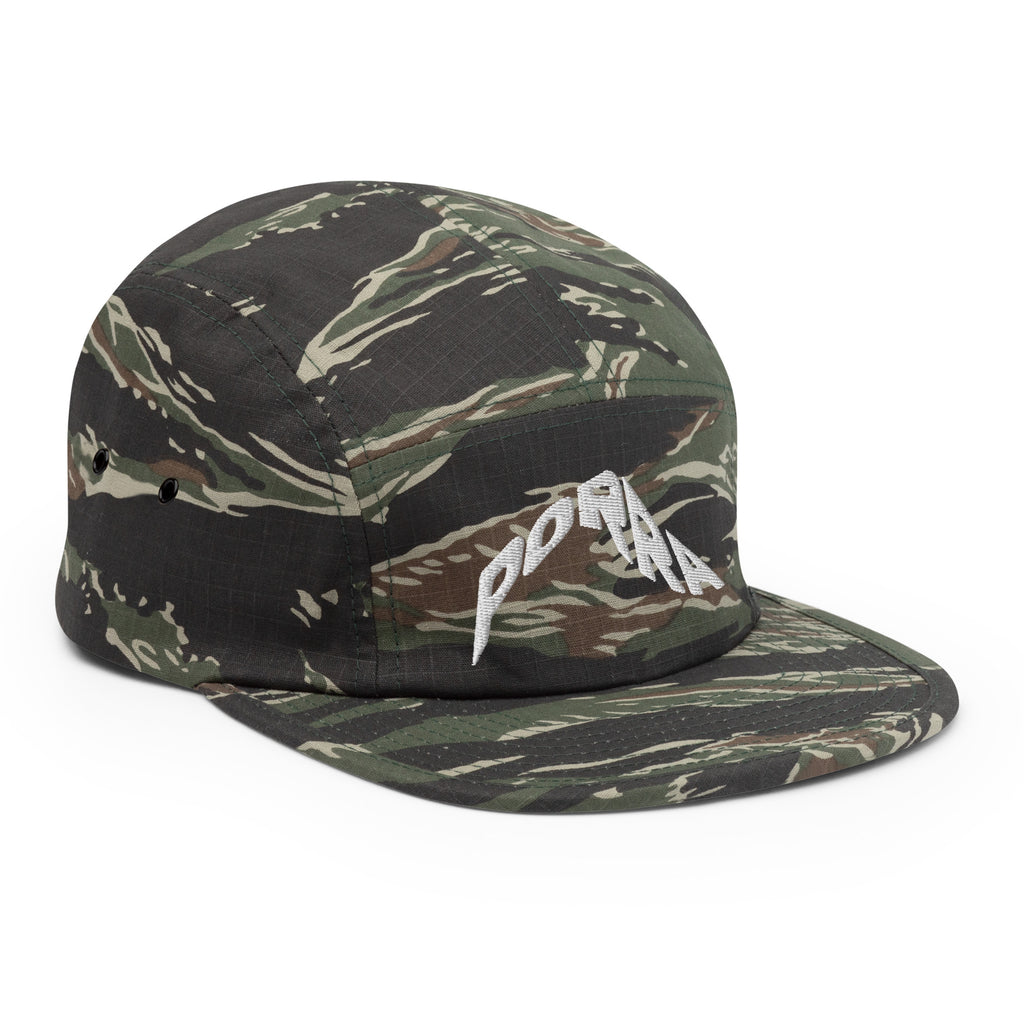 Porra Papi five panel cap by Robin Gnarly — green tiger camo, side
