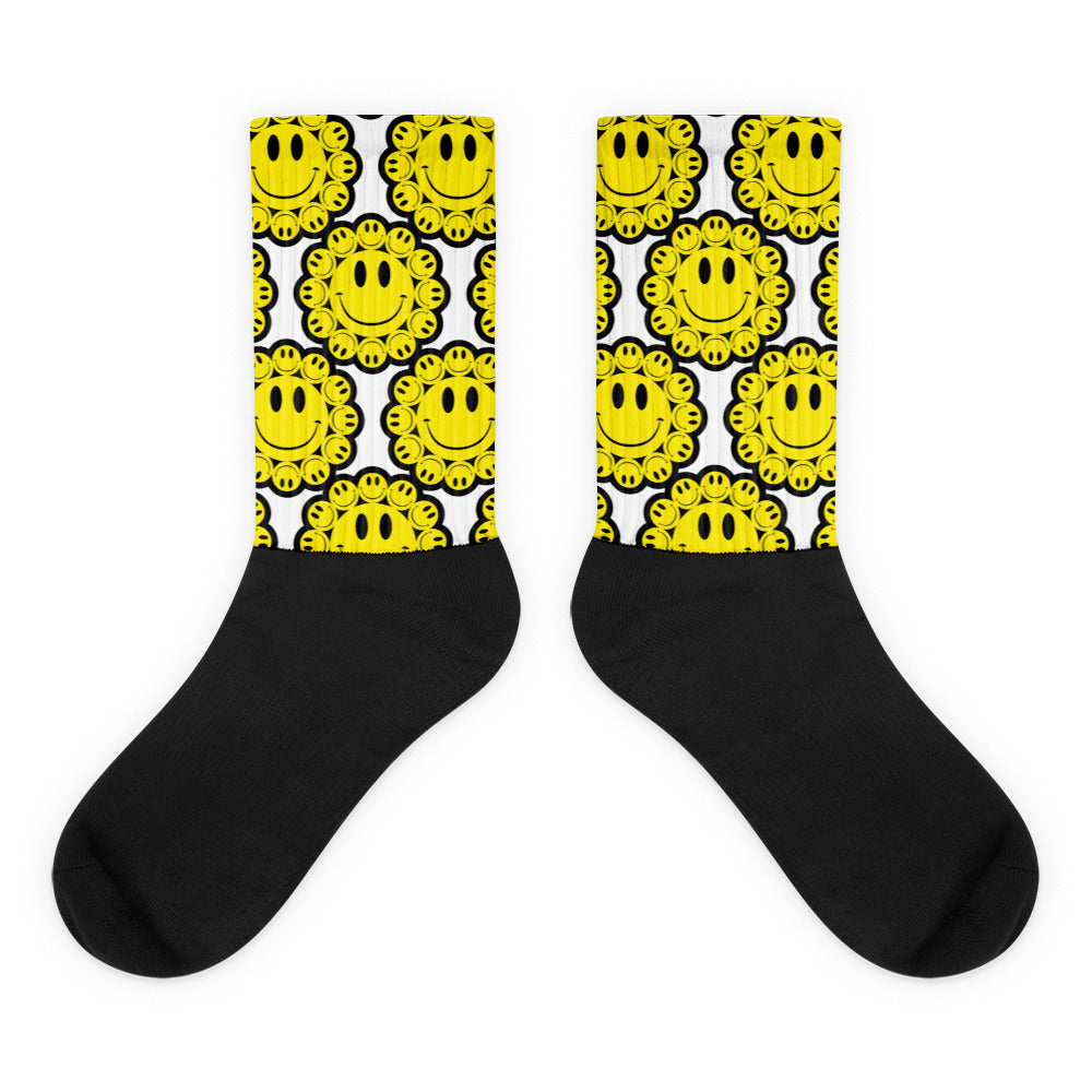 DEJAVOODOO allover socks by Robin Gnarly — smiley flower print