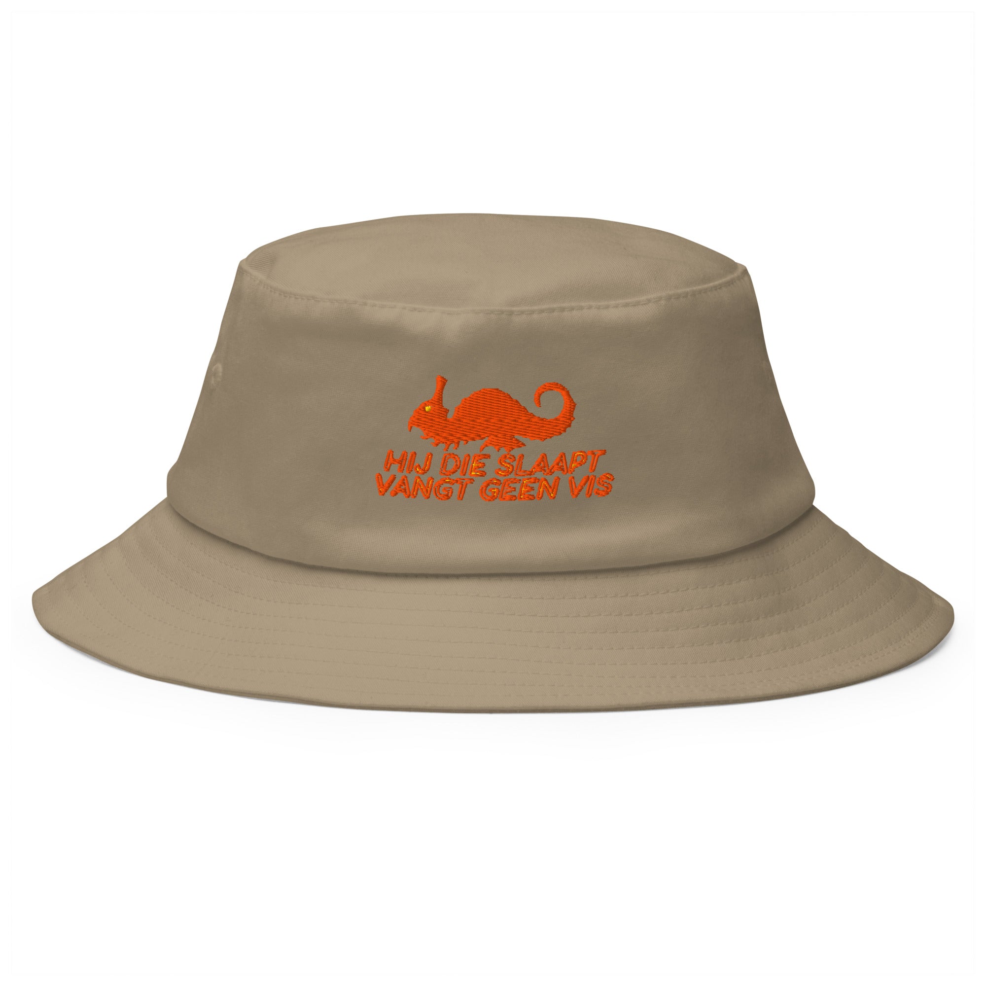 He Who Sleeps Catches No Fish bucket hat by Robin Gnarly — khaki, front
