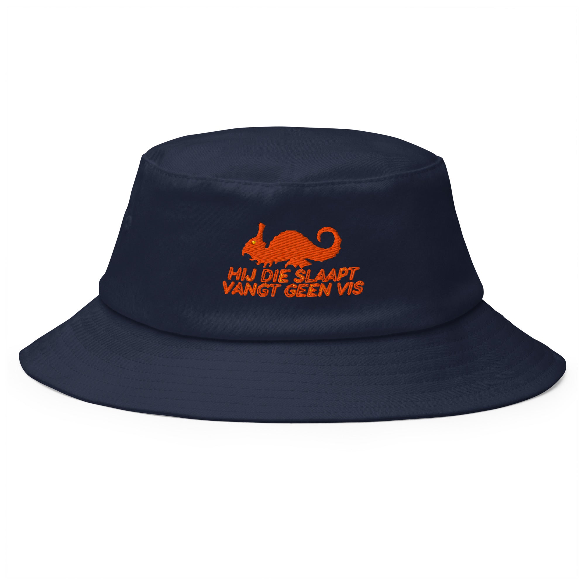 He Who Sleeps Catches No Fish bucket hat by Robin Gnarly — navy, front