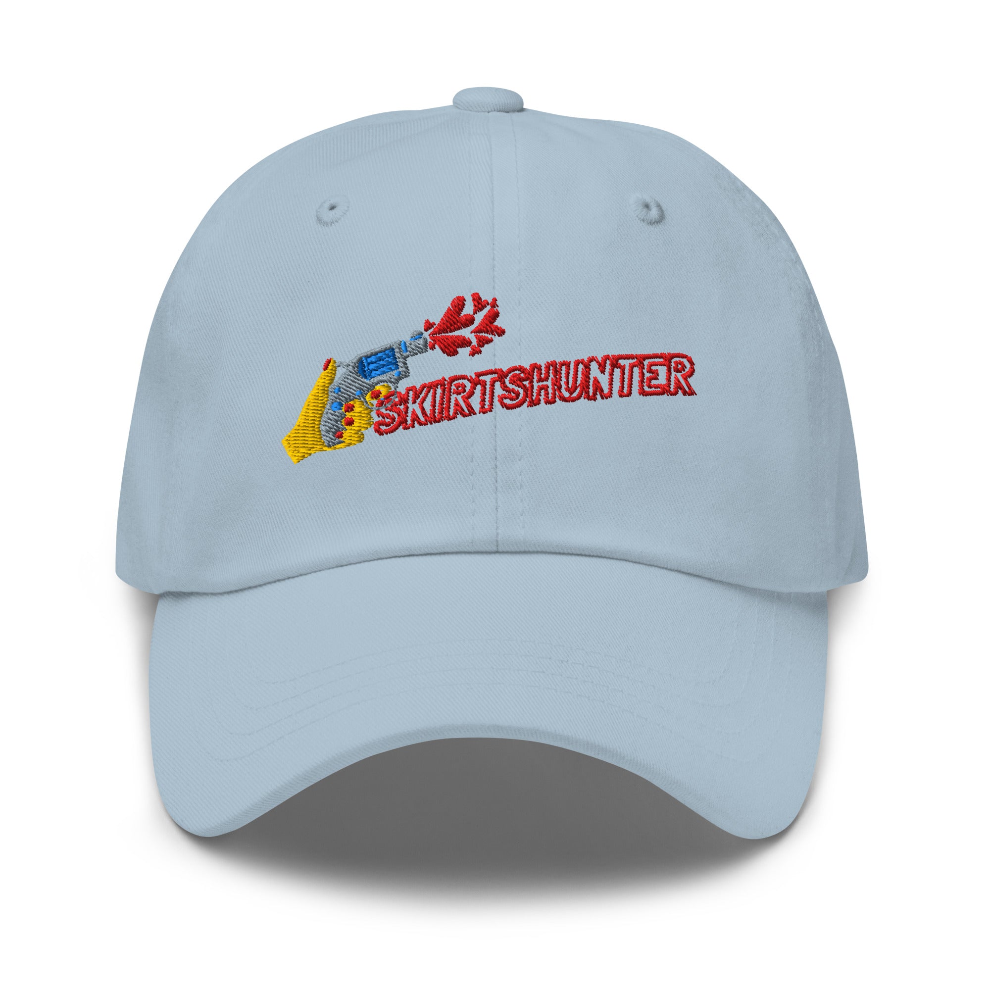 Skirtshunter dad hat by Robin Gnarly — light blue, front