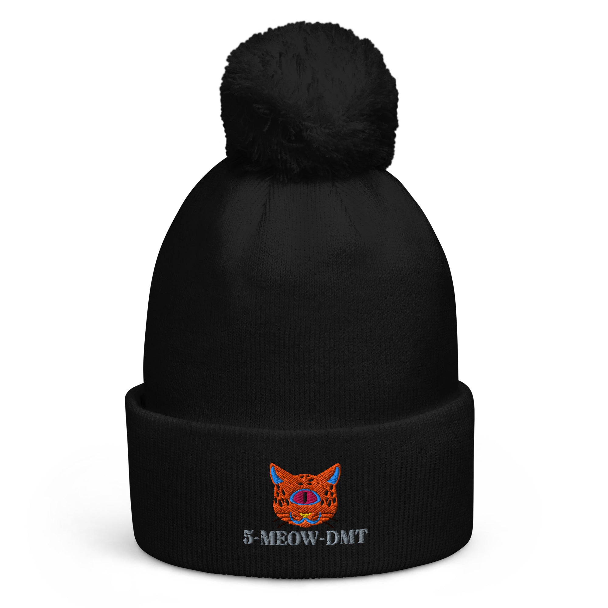 5-MEOW-DMT Pom Pom Beanie by Robin Gnarly — black, front