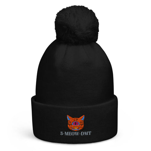 5-MEOW-DMT Pom Pom Beanie by Robin Gnarly — black, front