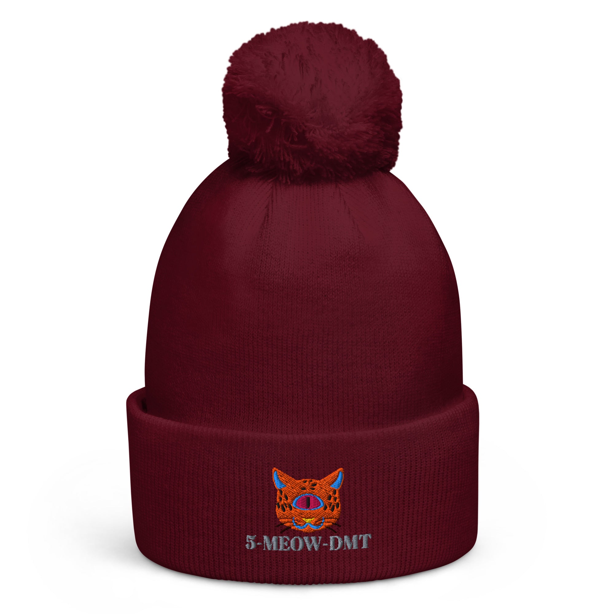 5-MEOW-DMT Pom Pom Beanie by Robin Gnarly — burgundy, front