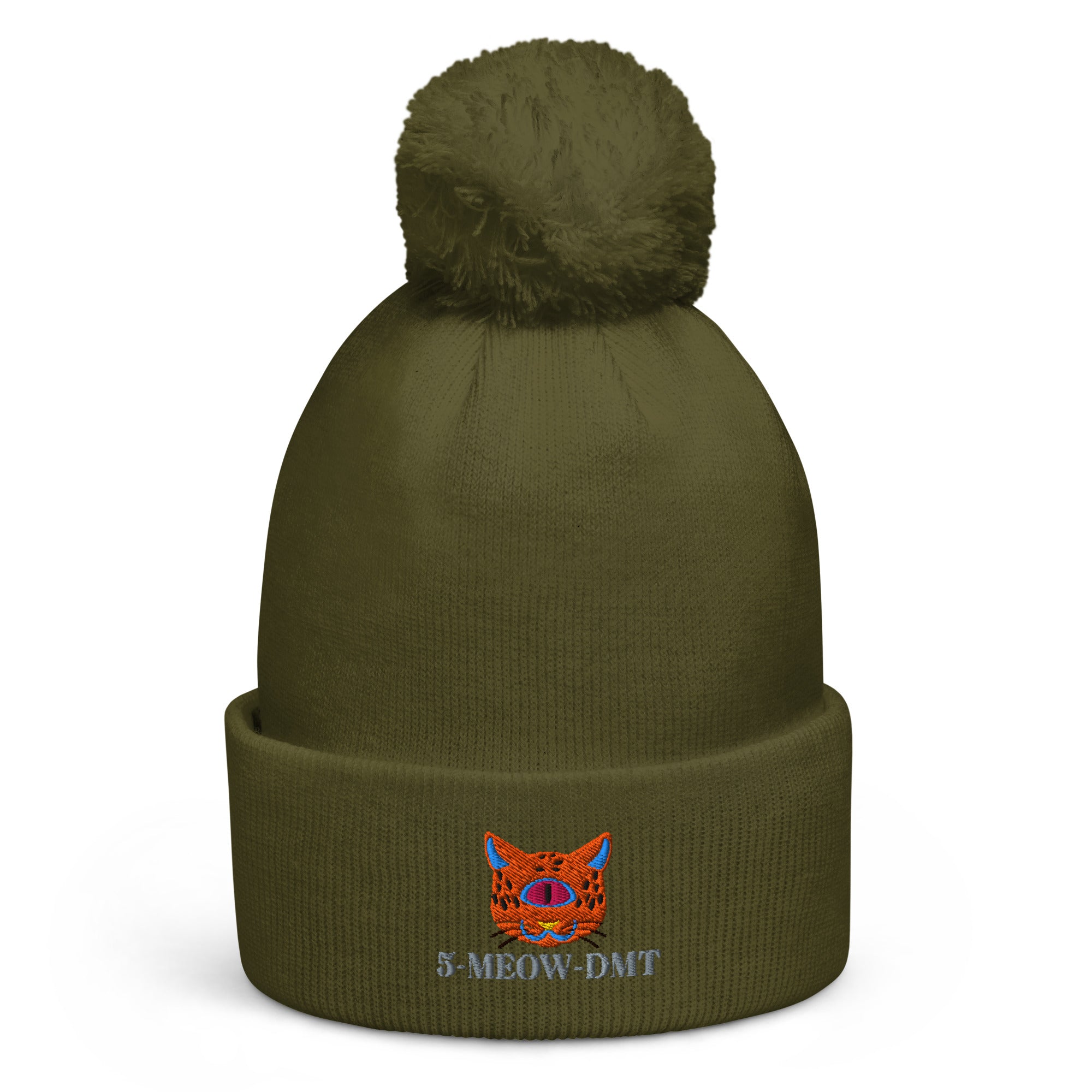 5-MEOW-DMT Pom Pom Beanie by Robin Gnarly — moss green, front