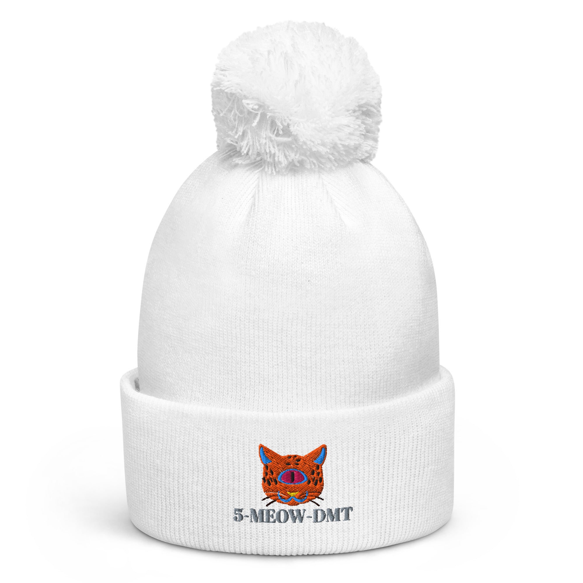 5-MEOW-DMT Pom Pom Beanie by Robin Gnarly — white, front