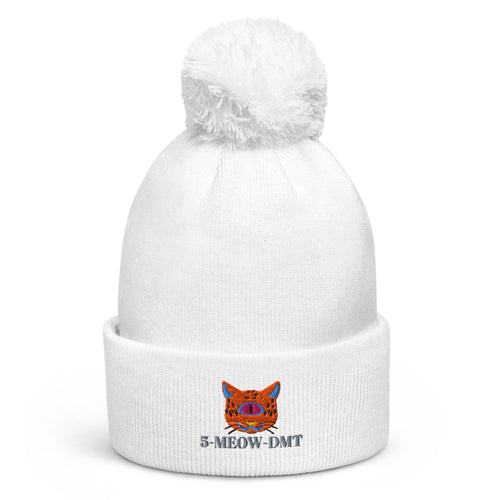 5-MEOW-DMT Pom Pom Beanie by Robin Gnarly — white, front