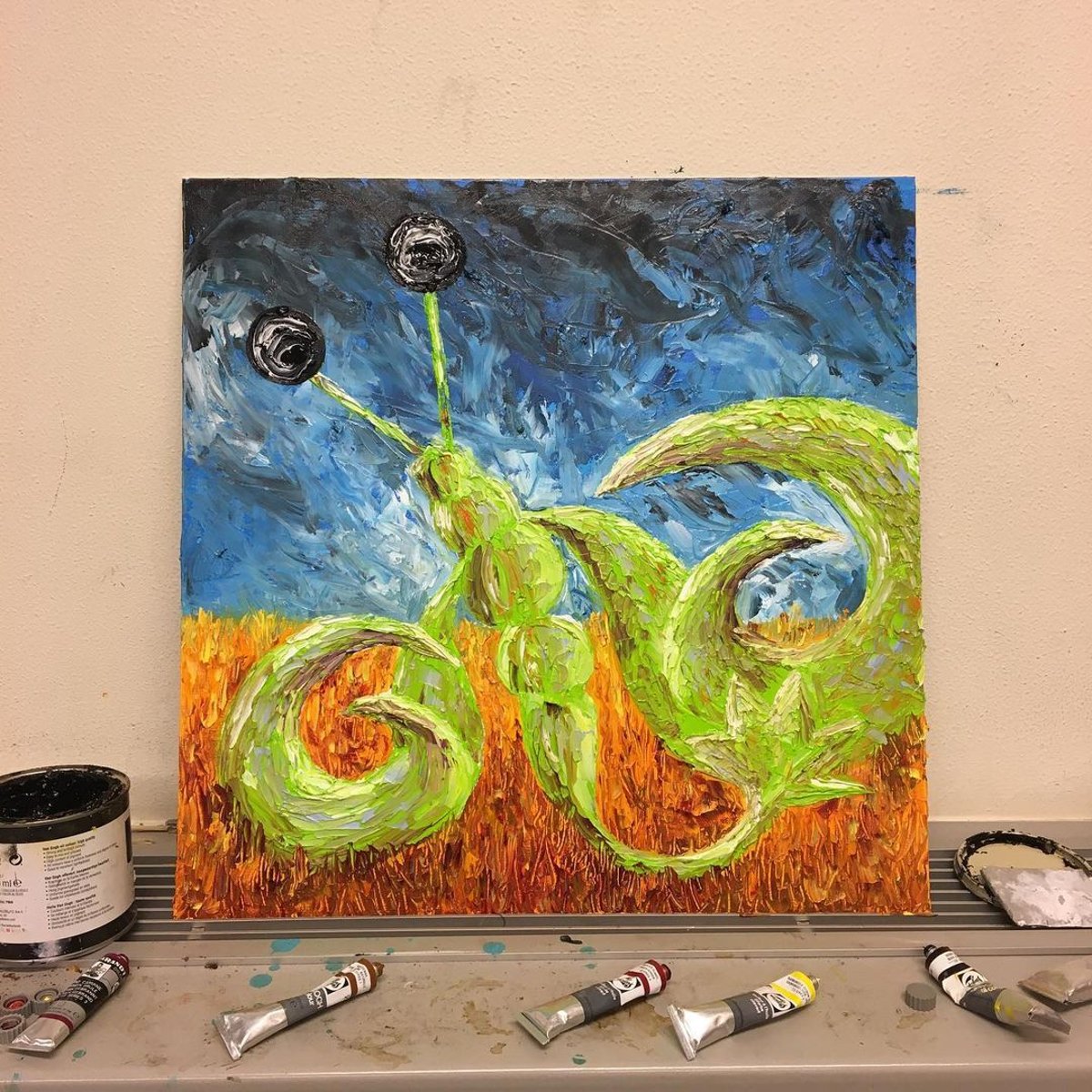 The Robster — original oil painting by Robin Gnarly, green lobster on starry blue, 50 x 50 cm
