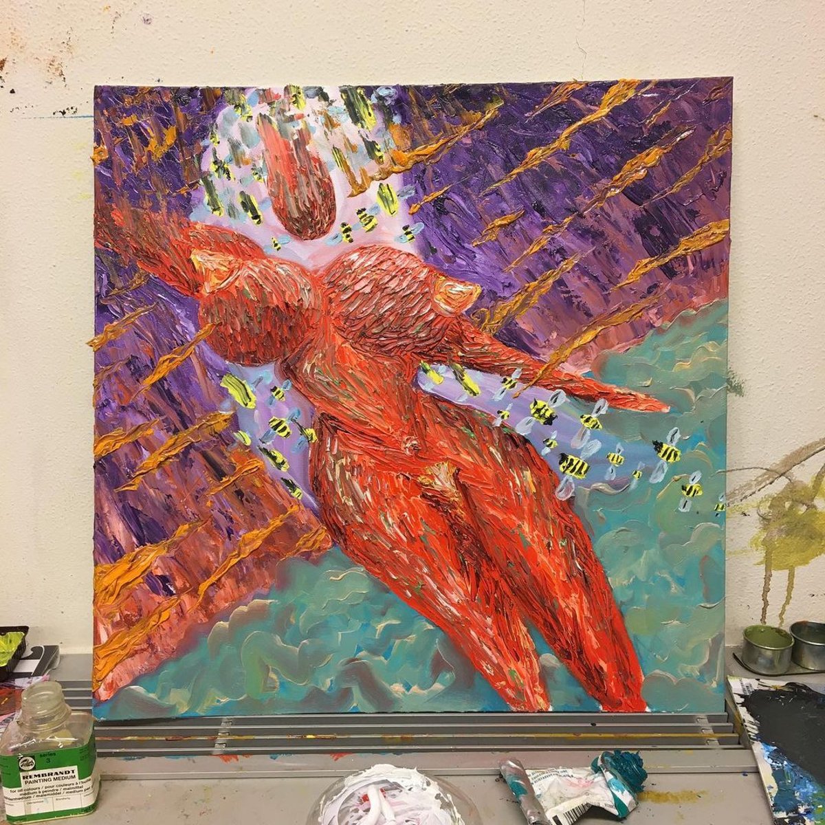The Floating Lady — original oil painting by Robin Gnarly, red female figure floating among bees, 50 x 50 cm — sold