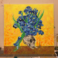 Thanks Vincent — original oil painting by Robin Gnarly, irises growing from a skull on chrome yellow, 50 x 50 cm