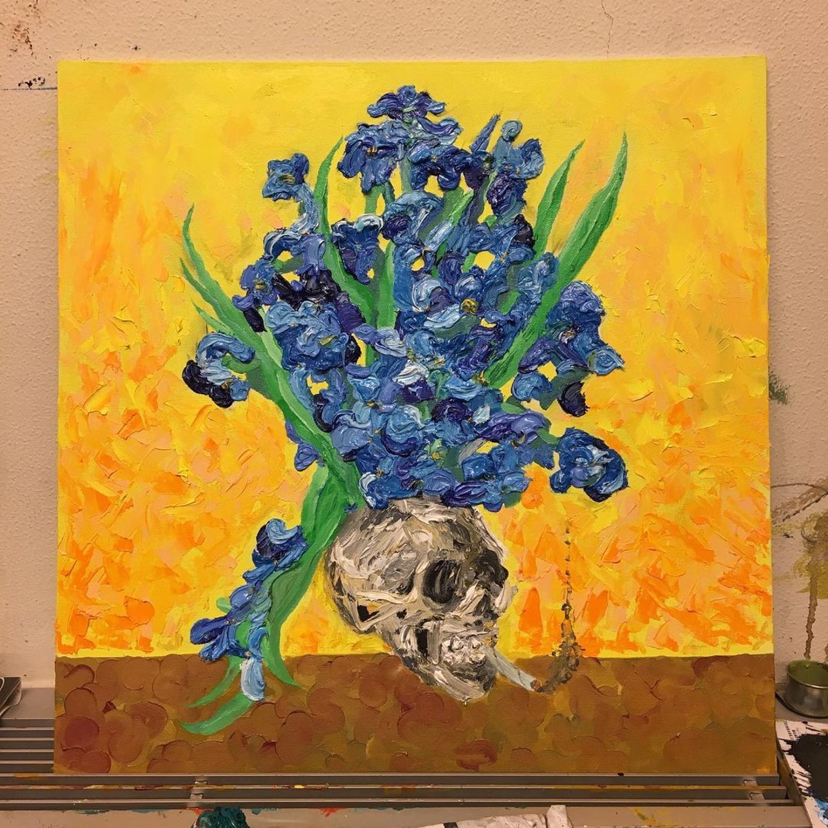 Thanks Vincent — original oil painting by Robin Gnarly, irises growing from a skull on chrome yellow, 50 x 50 cm