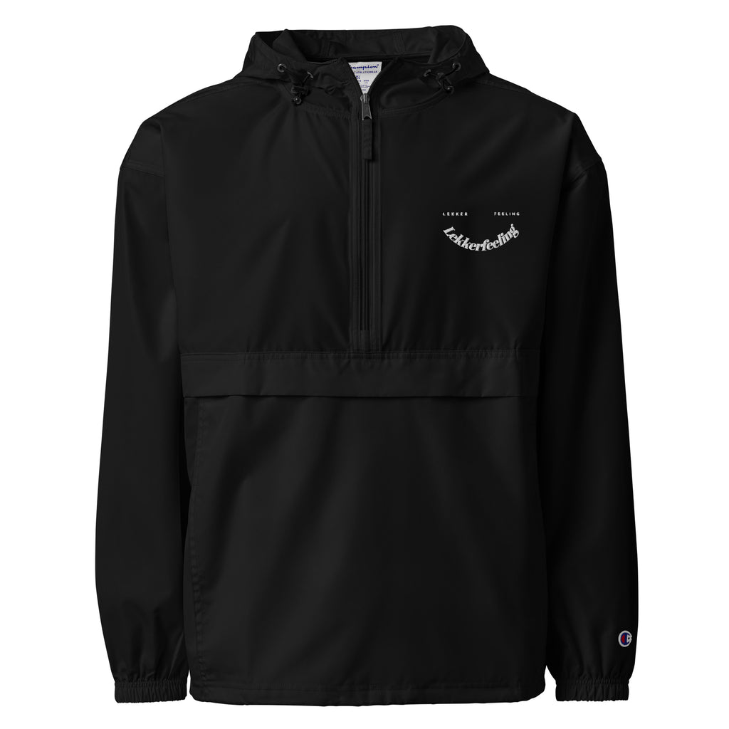 Lekker Feeling packable jacket Robin Gnarly x Champion — black, front