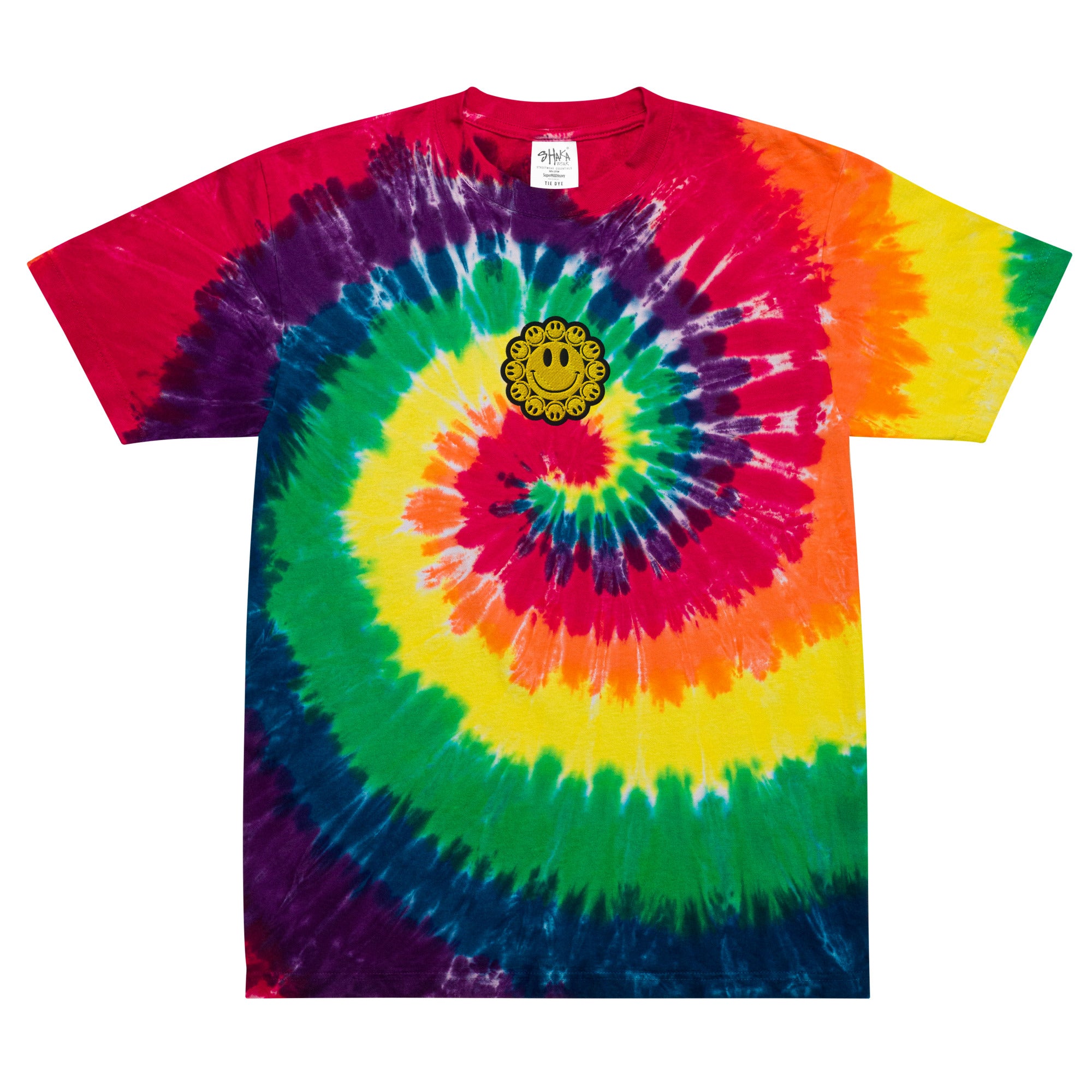DEJAVOODOO spiral tee oversized by Robin Gnarly — classic rainbow tie-dye, front